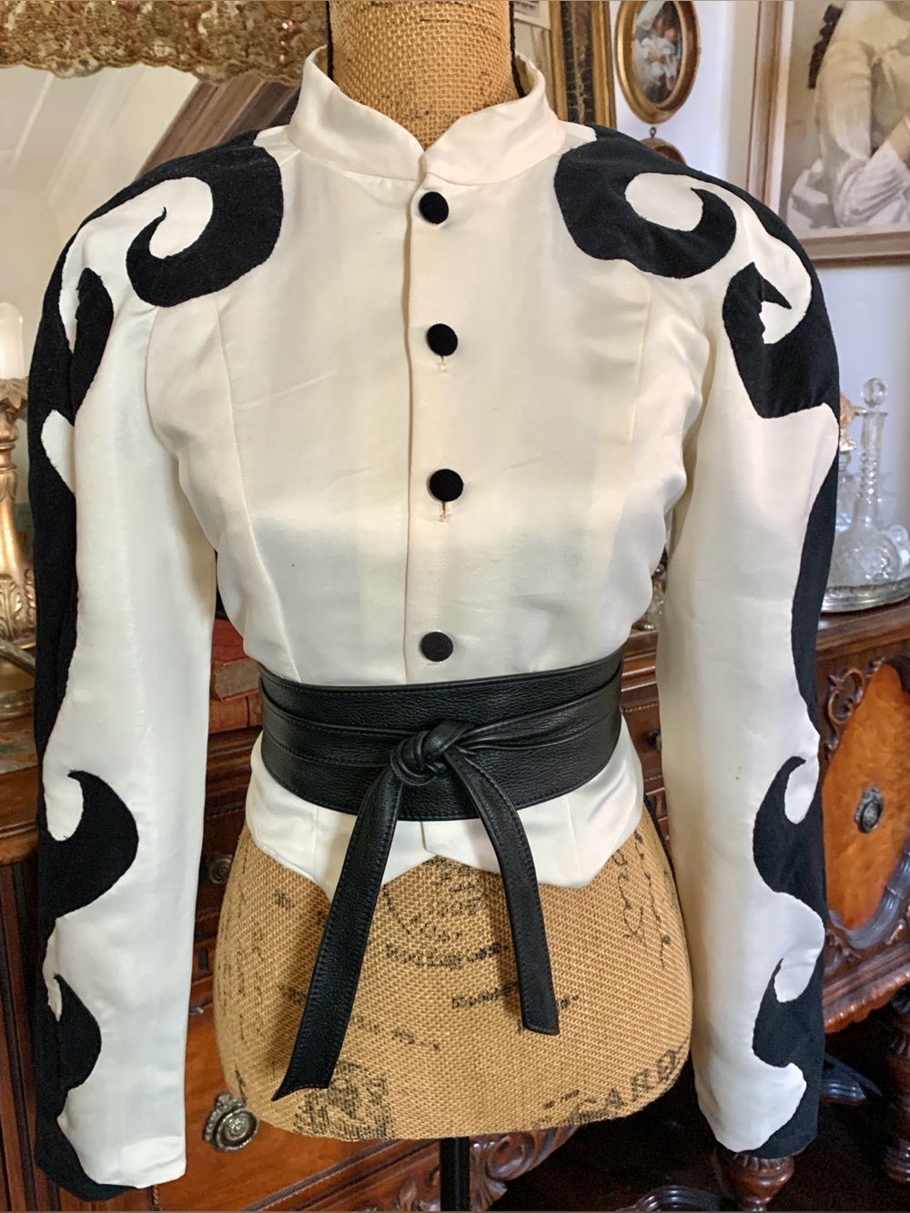 Vintage 90’s Custom-made Gothic Victorian-inspo Ivory/Black Satin Riding Blazer